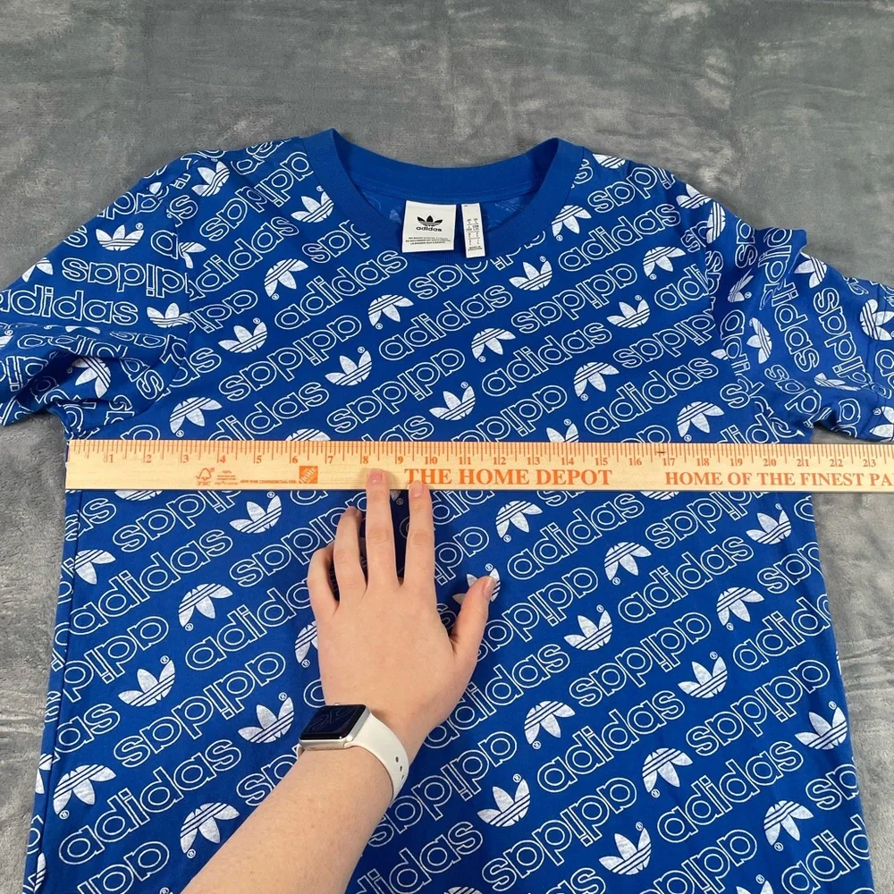 Adidas Originals Mens Blue White All Over Logo Print T-Shirt Trefoil Size Large - Picture 4 of 6